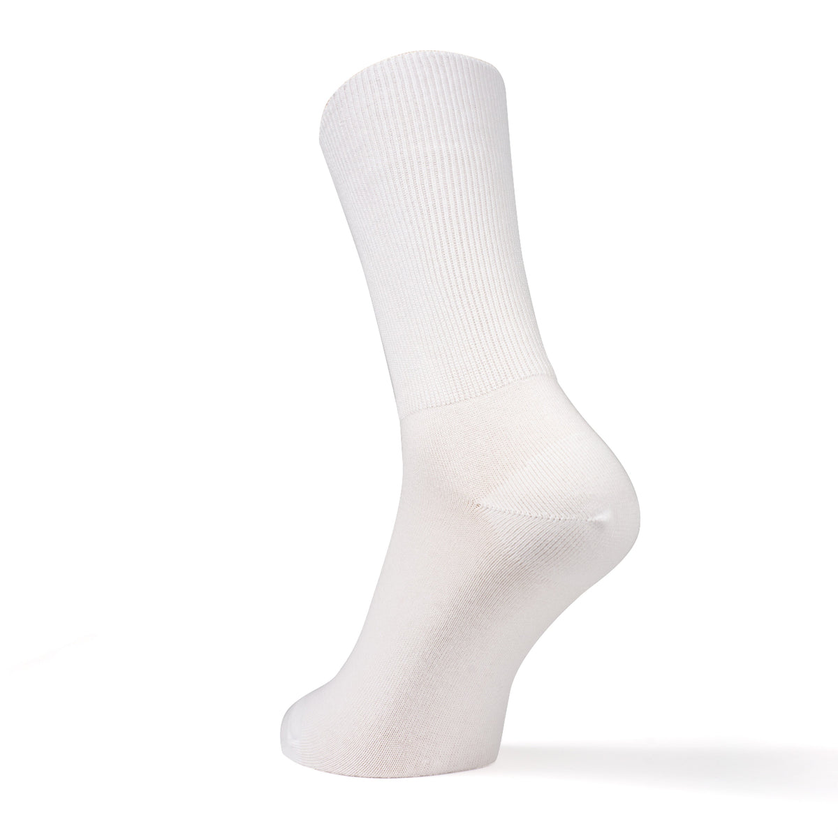 A single white crew sock shown on a foot form against a clean white background.